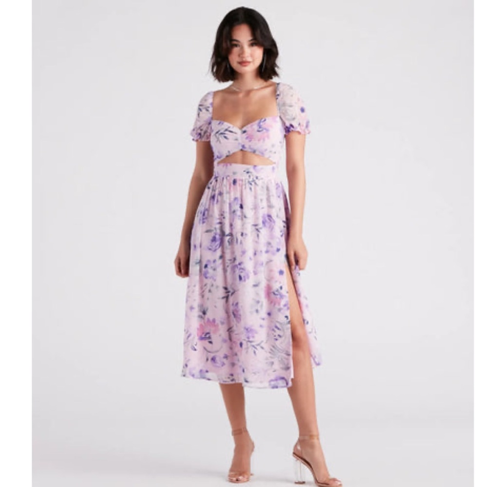 Life's A Breeze Floral Cutout Midi Wedding Guest Dress Windsor